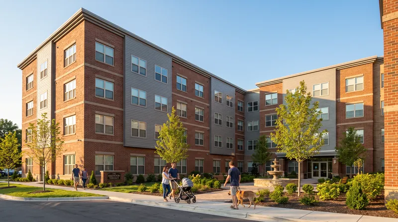 Exterior view of a modern, multi-story brick and siding apartment complex with a landscaped courtyard.