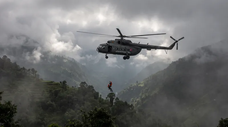 A military rescue helicopter hovers over a steep, misty mountain valley during an evacuation operation.