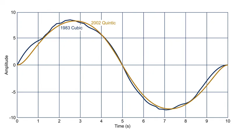 The 2002 quintic polynomial (6t^5 - 15t^4 + 10t^3) eliminated the second-derivative discontinuities present in the original 1983 cubic function.