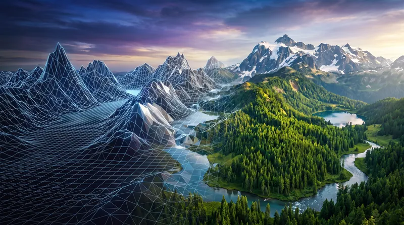 A wireframe mountain range transitioning into a fully rendered, photorealistic landscape with trees and snow.
