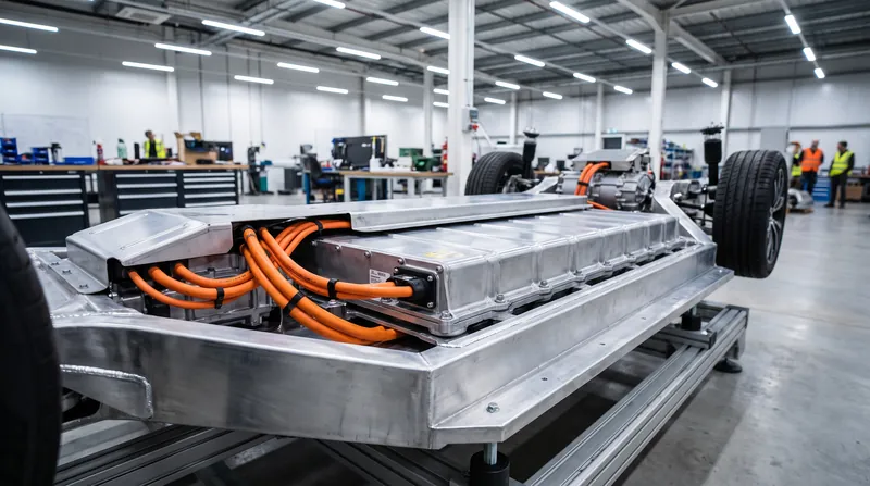 Exposed chassis of an electric vehicle showing the flat battery pack and orange high-voltage cables connected to the electric motor.