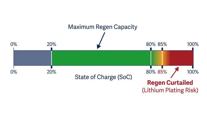 Regenerative braking power is strictly curtailed when the battery state of charge exceeds 85 percent.
