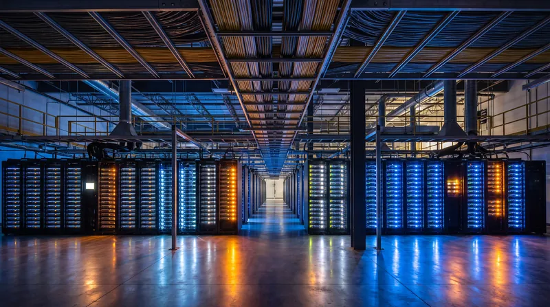 A brightly lit data center aisle showing rows of server racks and thick fiber-optic cable bundles.