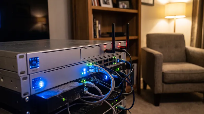 A close-up view of a modern smart home hub with glowing ethernet ports and Zigbee antennas.