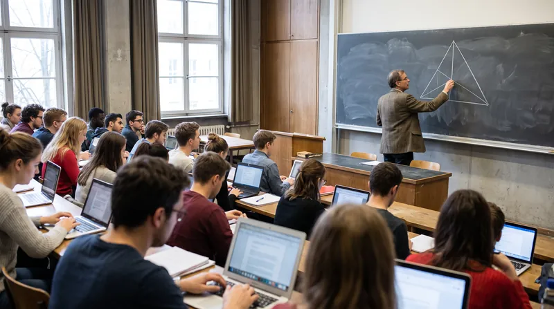 A university professor drawing a large triangle on a blackboard while students take notes on laptops.