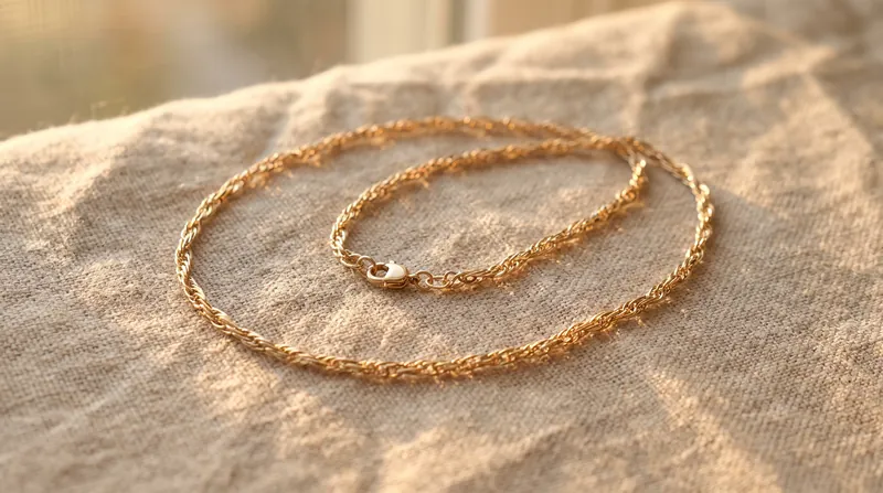 A close-up view of a gold-filled chain necklace resting on a textured fabric surface.