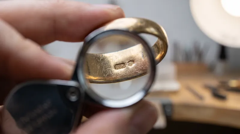 Consumers can identify gold-filled pieces by looking for the 'GF' hallmark, often accompanied by a fraction like '1/20'.