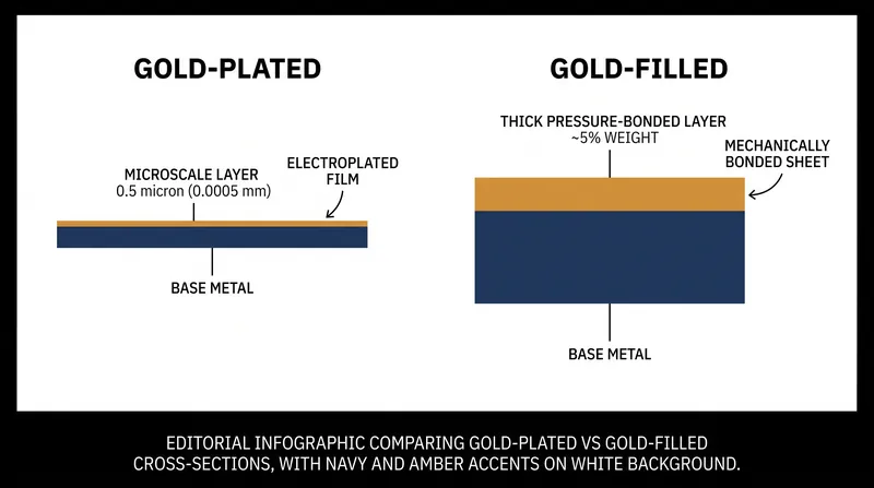 Gold-filled jewelry relies on a thick, mechanically bonded layer of gold, whereas gold-plated items use a microscopic electroplated coating.