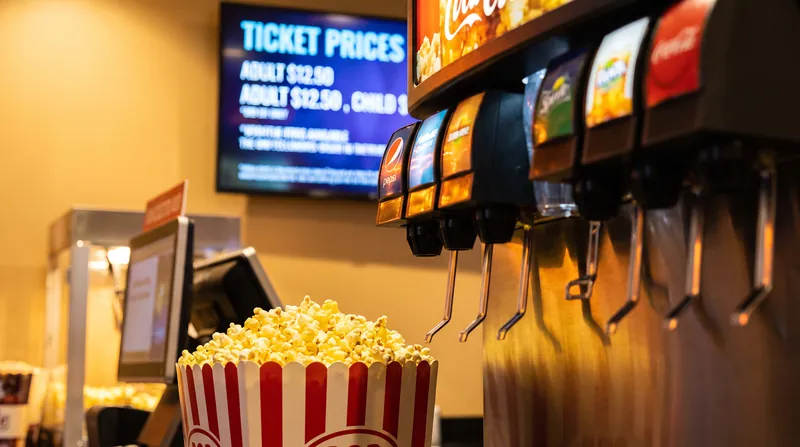 A brightly lit movie theater concession stand featuring a large bucket of popcorn and a glowing soda fountain.