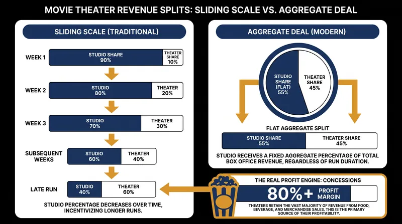 The shift from sliding scales to flat aggregate deals eliminated the late-run profit tail that theaters historically relied upon.
