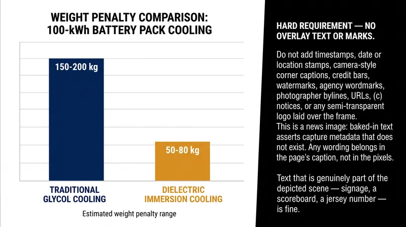 Dielectric fluid adds approximately 120 kilograms to a standard 100-kWh passenger vehicle battery pack.