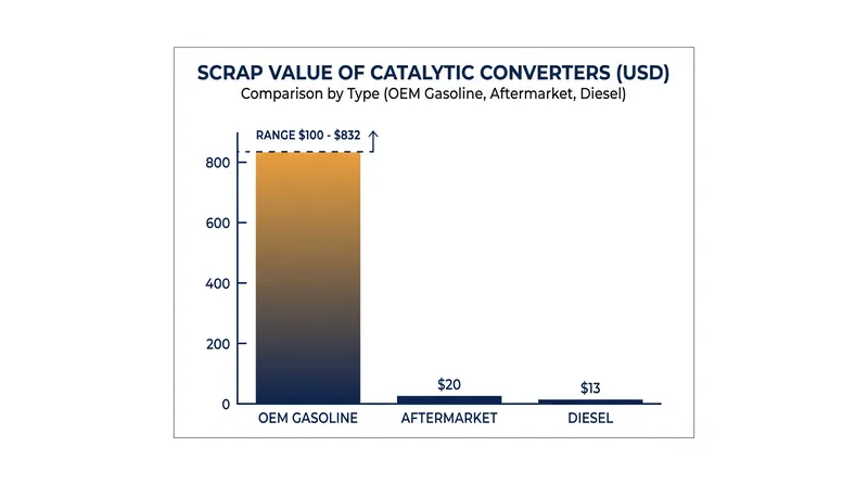 Estimated scrap value of catalytic converters by type, based on 2026 market data.