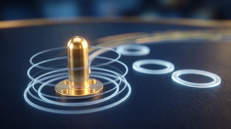 An abstract visualization showing a single fixed peg surrounded by multiple glowing rings, some hitting and some missing.