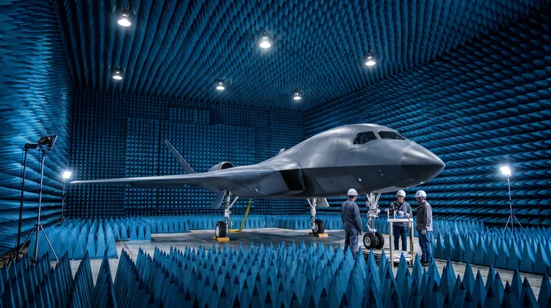 A stealth aircraft prototype parked inside a testing chamber lined with blue foam spikes that absorb radar waves.