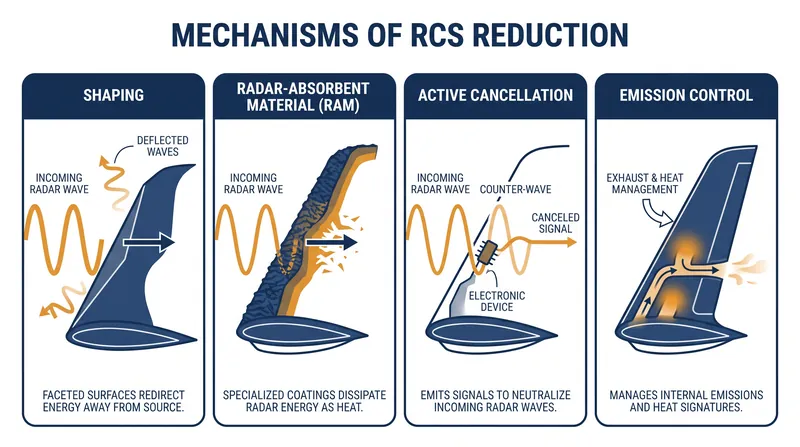The four mechanisms work in tandem to scatter, absorb, cancel, and conceal electromagnetic signatures.