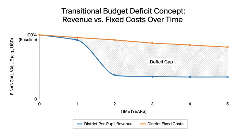 The structural friction of school choice: per-pupil revenue drops instantly when a student leaves, but fixed district costs take years to consolidate.