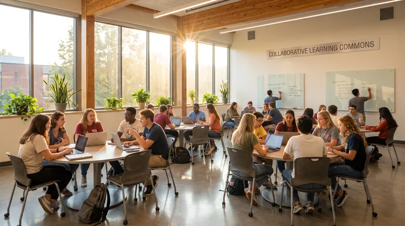 A bright, modern classroom with diverse students engaged in small-group learning near large windows.