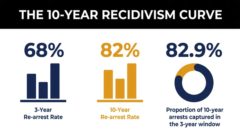 Data from the BJS 2008–2018 cohort shows that the standard three-year window captures the vast majority of long-term re-arrests.