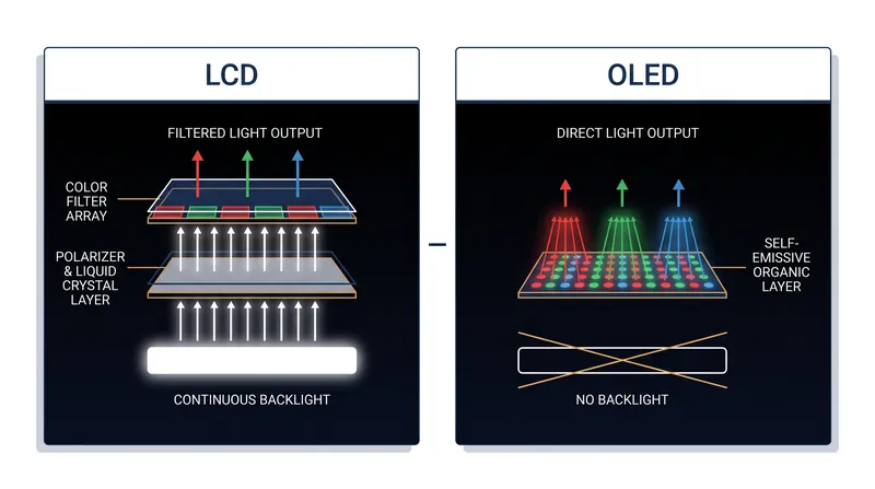 Unlike LCDs, OLED panels do not require a global backlight, allowing individual pixels to turn off completely.