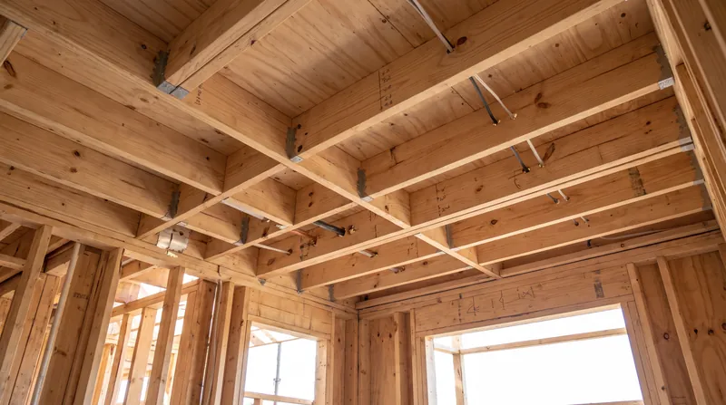 Exposed wooden floor joists installed in a residential home under construction before the subfloor is laid.