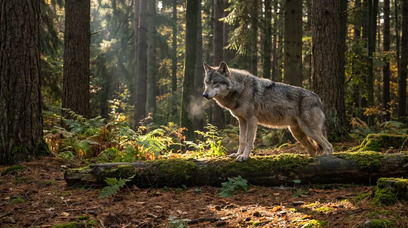 A gray wolf standing alert in a dense, sunlit pine forest.