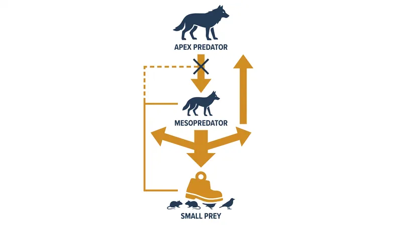 The mechanism of a trophic cascade: removing top-down regulation allows mid-sized predators to irrupt.