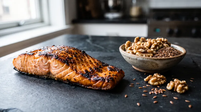 A piece of grilled salmon beside a bowl of walnuts and flaxseeds on a dark counter.