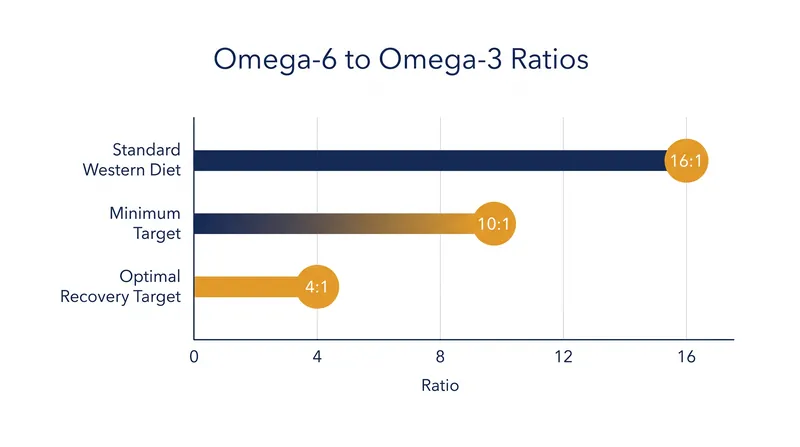 The standard Western diet heavily over-indexes on omega-6 fatty acids compared to optimal recovery targets.