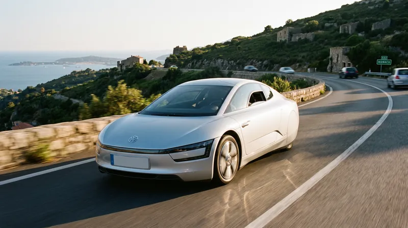 A sleek, silver teardrop-shaped Volkswagen concept car with covered rear wheels driving on a highway.