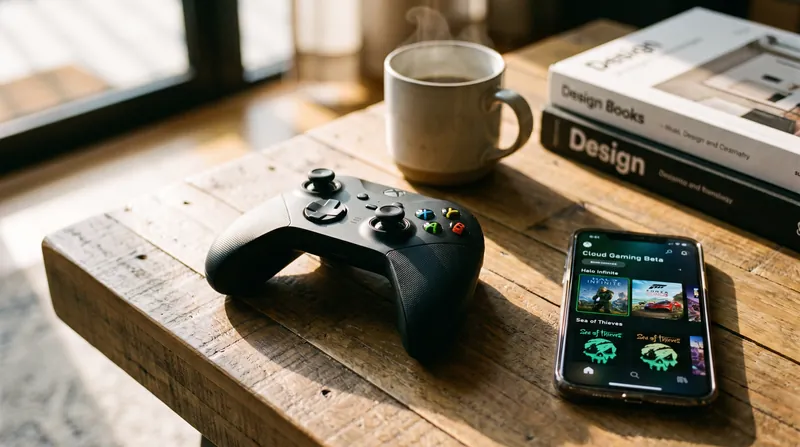 An Xbox wireless controller sitting next to a smartphone displaying a cloud gaming interface on a wooden table.