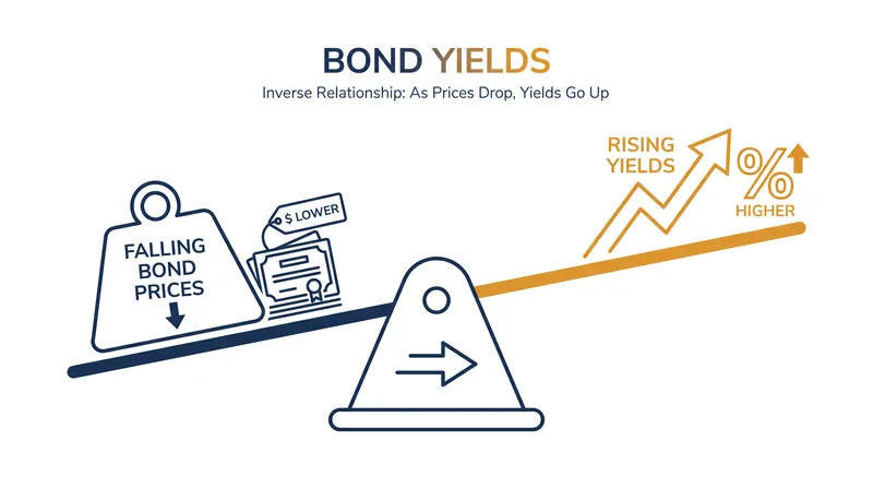 Bond yields move inversely to bond prices; as investor demand drops, yields must rise to attract buyers.