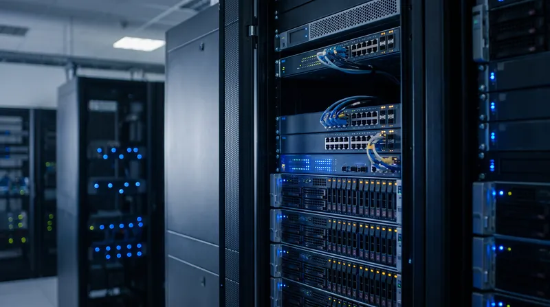 A modern data center server rack with glowing blue and amber LED indicator lights on network switches.