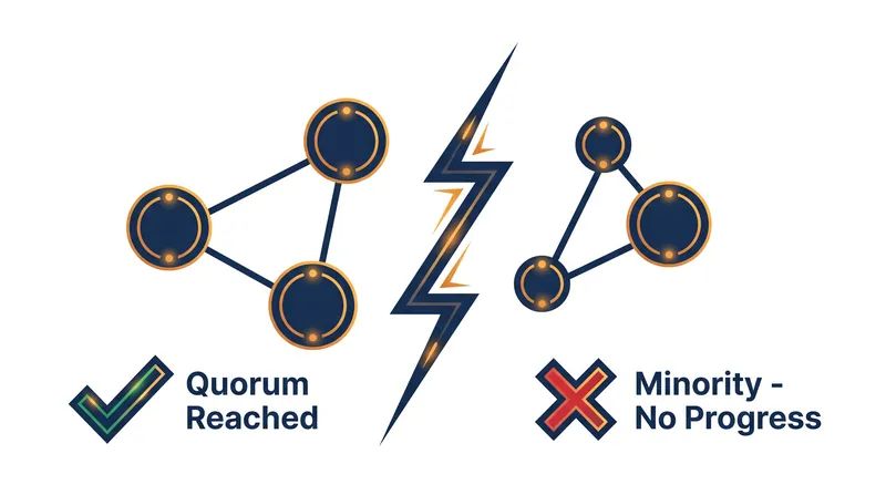 The quorum requirement mathematically prevents split-brain scenarios during network partitions.