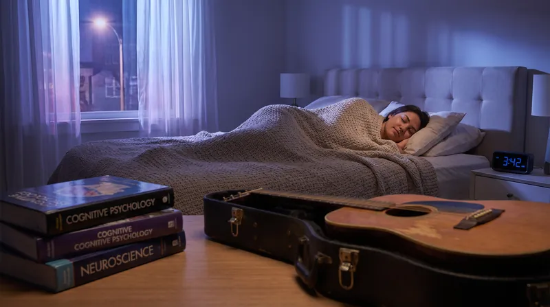 A dimly lit bedroom at night showing a person sleeping, with textbooks and a musical instrument on a desk in the foreground.