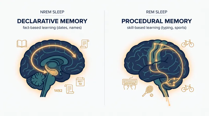 NREM sleep transfers facts to long-term storage, while REM sleep hardwires motor skills.