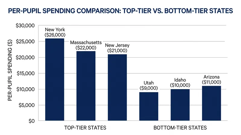Per-pupil spending varies drastically across state lines, driven by differing tax bases and state funding formulas.