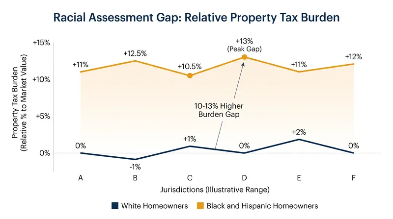 Within the exact same tax jurisdictions, minority homeowners bear a mathematically higher tax burden for the identical bundle of public services.