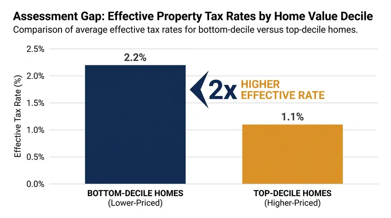 Nationwide data reveals that homes in the bottom price decile are assessed at twice the rate of homes in the top decile relative to their actual sale price.