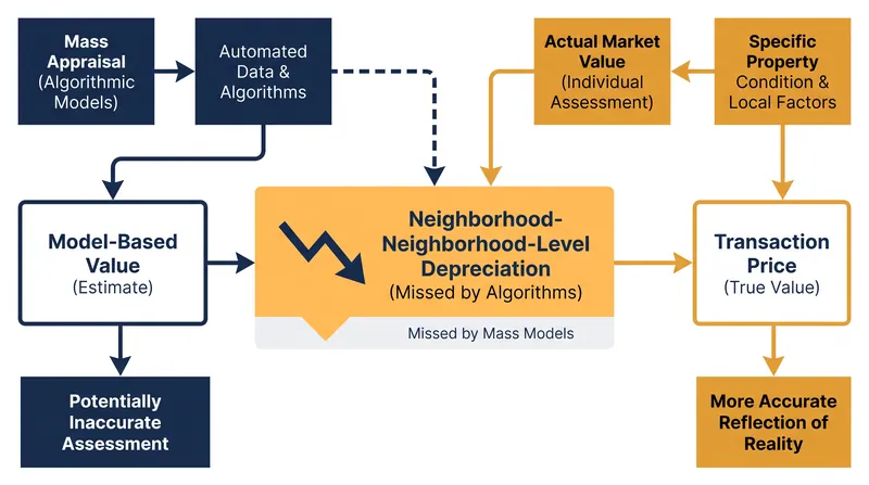Because assessors cannot inspect every home, automated models apply broad averages that artificially inflate the value of depreciating properties.