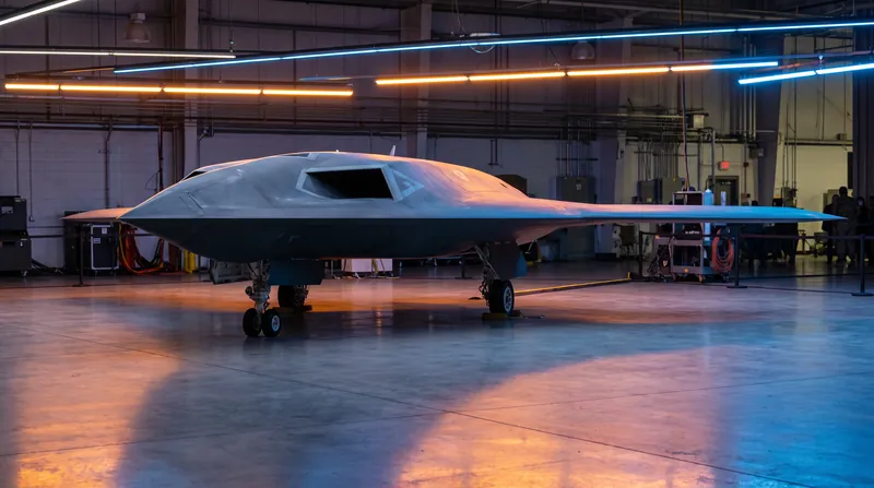 A sleek, dark-grey tailless stealth drone parked inside a brightly lit aircraft hangar.