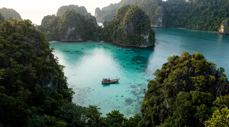A serene turquoise bay with a single small wooden boat surrounded by lush green limestone cliffs.