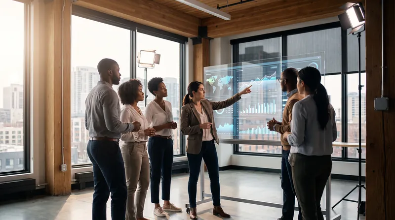 A diverse group of analysts examining data visualizations on a large glass screen in a brightly lit room.