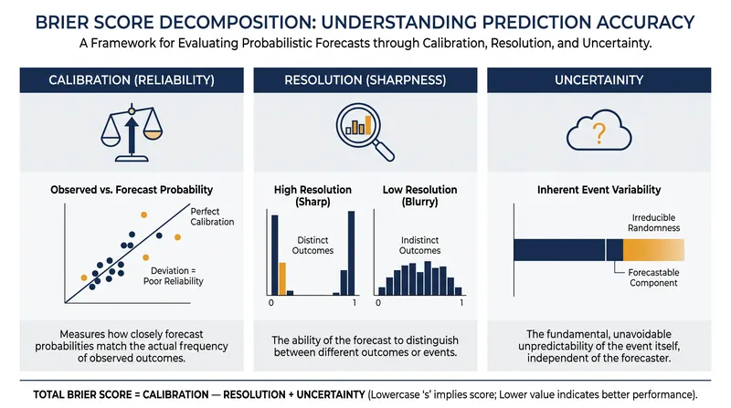 A strictly proper scoring rule decomposes forecast error into three distinct mathematical components.
