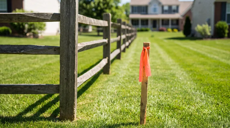 A wooden boundary fence dividing a green lawn, with a surveyor's wooden stake and orange ribbon in the foreground.