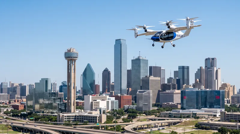 A Joby Aviation electric vertical takeoff and landing aircraft flying above a city skyline.