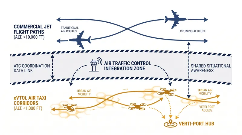 How low-altitude eVTOL flight corridors integrate beneath traditional commercial jet airspace.