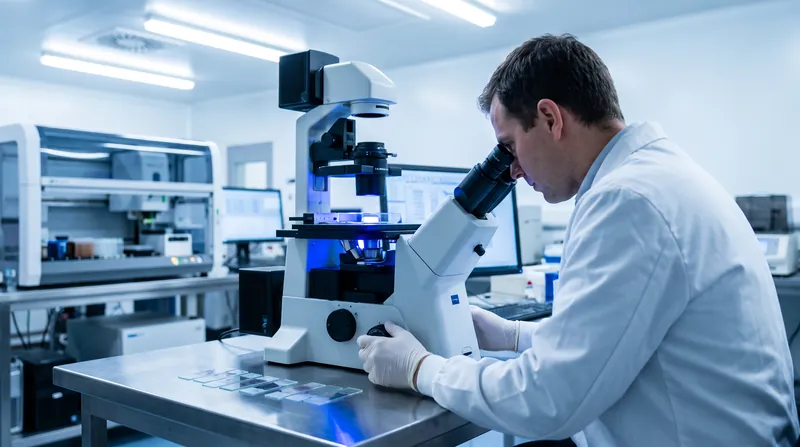 A scientist in a white lab coat looks through a high-powered microscope in a brightly lit, modern oncology research laboratory.