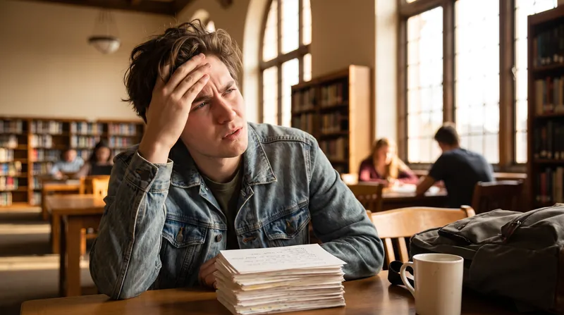 A university student sitting in a library, looking away from a stack of flashcards while attempting to recall information.