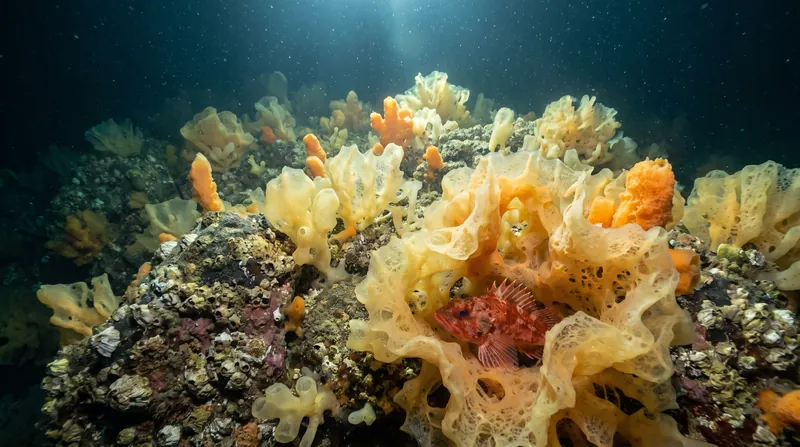 A vibrant orange and yellow deep-sea sponge growing on a rocky ocean floor, with a small fish hiding inside.