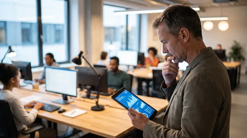A middle manager looking at a digital dashboard on a tablet in a modern office.
